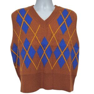 NWOT Mable Women's V-neck Rhomboid Brown Blue Warm Pullover Vest Size S/M